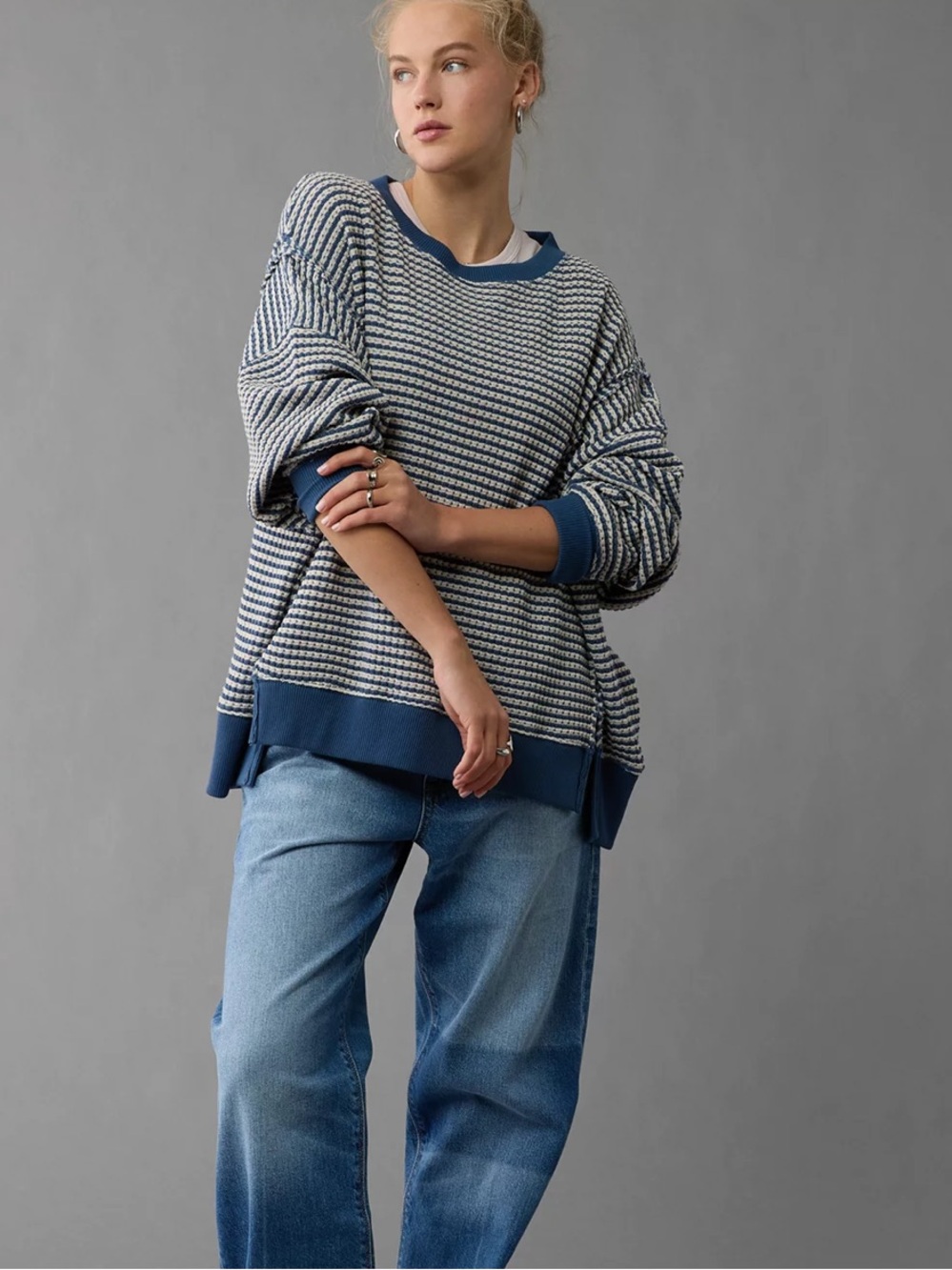 American Eagle Outfitters AE Big Hug Waffle Sweatshirt in Blue Coastal Small